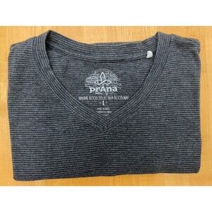prAna Men's V-Neck T-Shirt Large Gray Stripe Short Sleeve Logo
